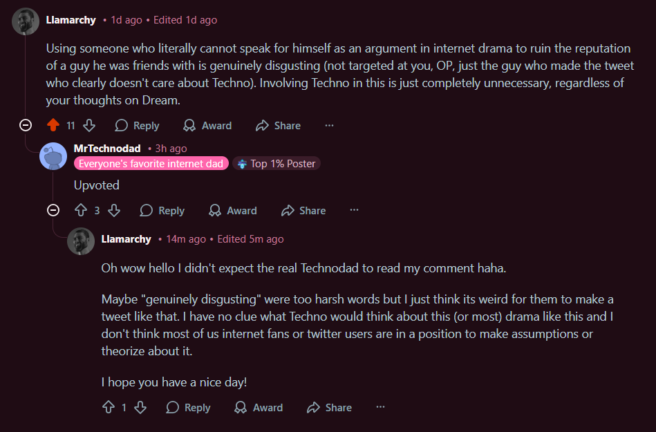 Because Technodad is extremely uncomfortable with camman's action?