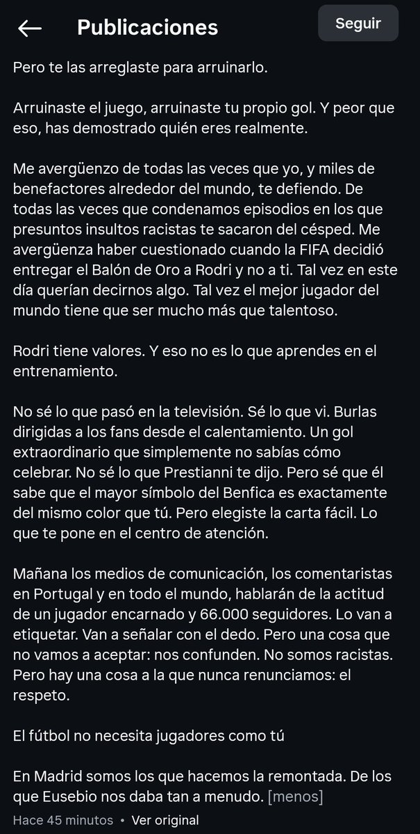 Esto dice un tío del Benfica con influencia en Instagram, brutal tú, se ha quedado a gusto