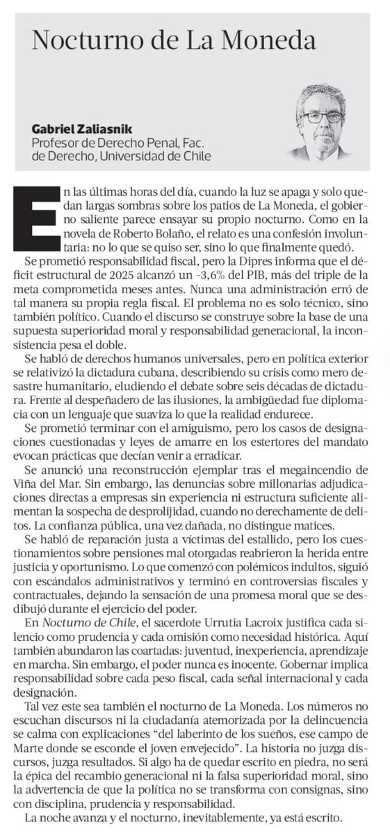 Les comparto mi columna “Nocturno de La Moneda”, publicada en <a href="/latercera/">La Tercera</a> de esta semana👇