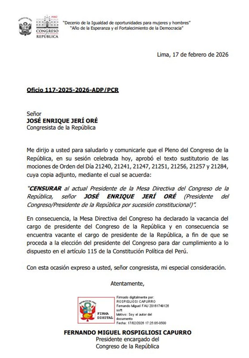 #URGENTE Estos son los oficios dirigidos al "congresista José Jerí" y a Ernesto Álvarez donde informa sobre la censura y se declara la vacancia. Todo está consumado. <a href="/presidenciaperu/">Presidencia del Perú 🇵🇪</a> <a href="/MuniLima/">Municipalidad de Lima</a> <a href="/AlejoMunante/">Alejandro Muñante🇵🇪</a> <a href="/ExpresoPeru/">Diario Expreso</a> <a href="/americatv_peru/">América</a> <a href="/PanamericanaTV/">panamericanatv</a> <a href="/Bethel_Noticias/">Bethel Noticias</a> <a href="/ctvperu/">CTV Perú Oficial</a>