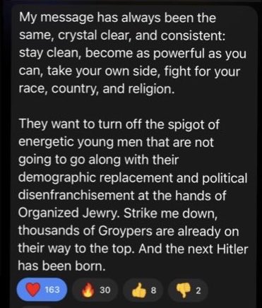 Absolute banger of a response by Fuentes on the hit piece on him. 

“Strike me down, thousands of Groypers are already on their way to the top. And the next Hitler has been born.”