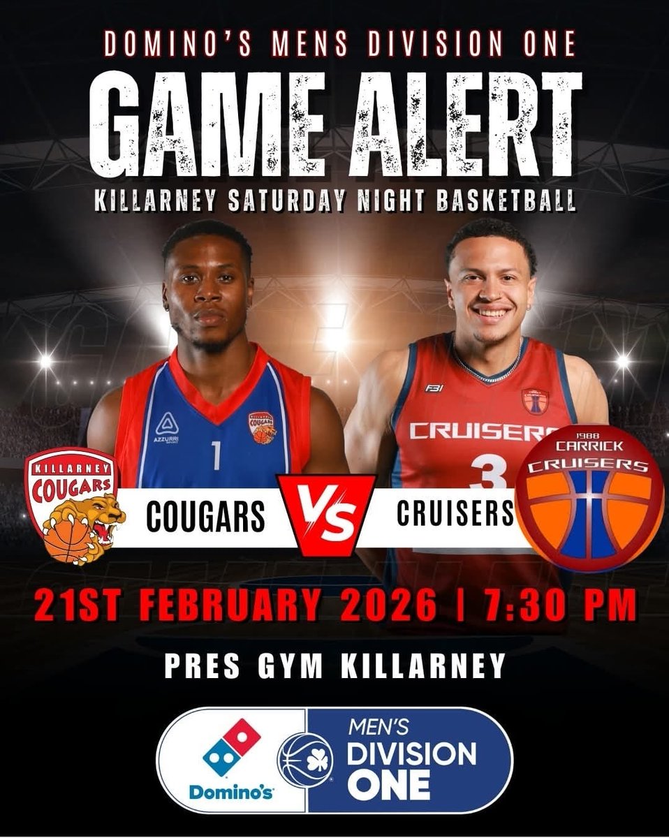killarney_bc's tweet photo. 🏀HOME GAME THIS SATURDAY🏀
Cougars return to the home court this Saturday night as Carrick Cruisers make their first ever visit to the Pres Gym.
Don’t miss the action. All support welcome
#CougarsFamily #NationalLeague #GameNight
@radiokerrysport
@BballIrl  
@carrickcruisers https://t.co/EwDnmNLc7m