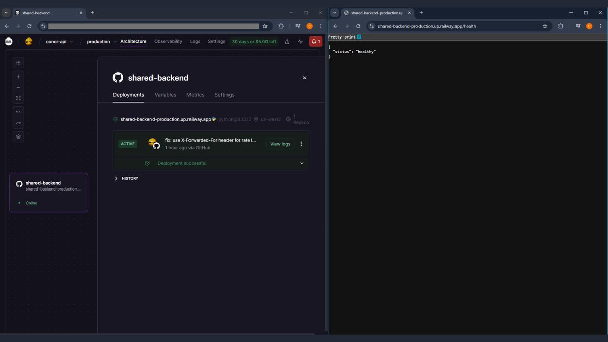 Conor_Code's tweet image. Day 3. The backend is live.

✅ Deployed the shared backend to Railway (live in production) 
✅ X Reply Assistant extension complete and tested end-to-end 
 
⌛️Preparing Chrome Web Store submission tomorrow

#BuildInPublic