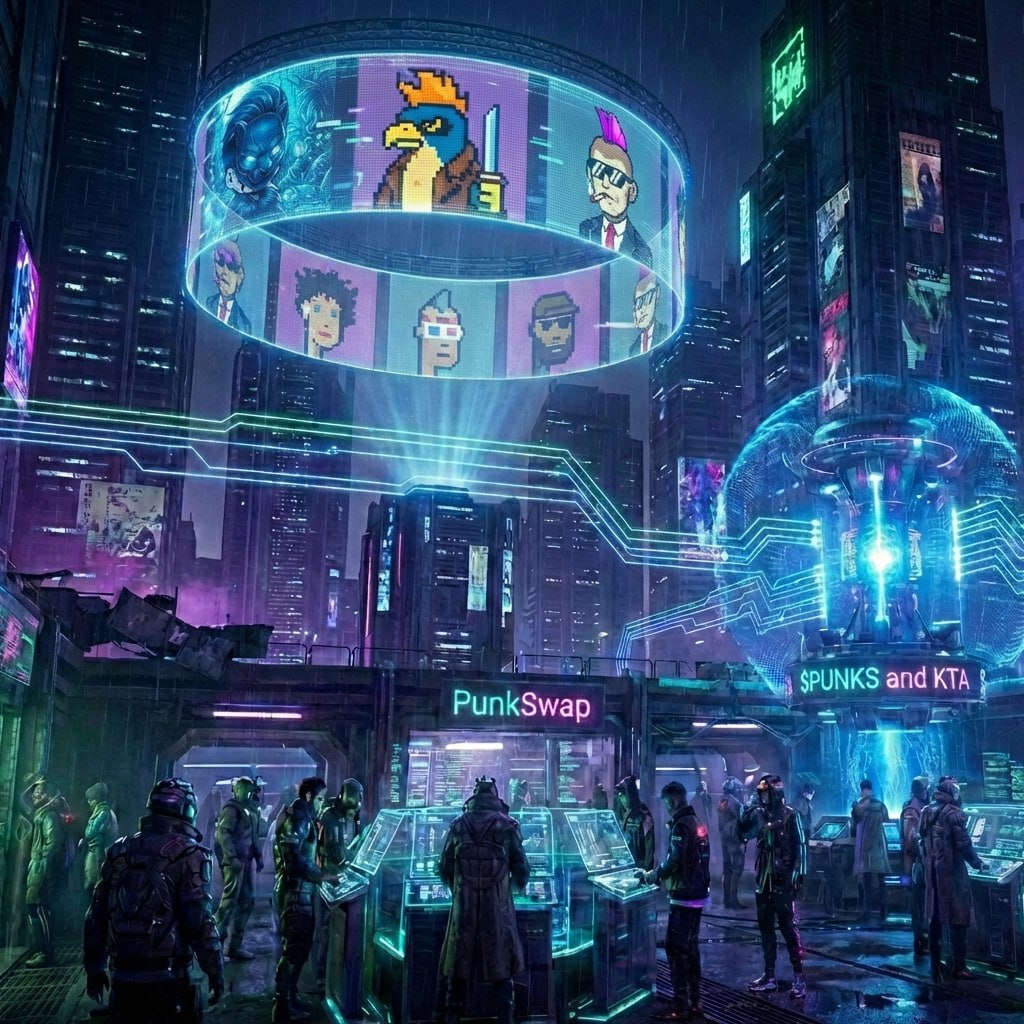 The grid just activated.

PunkSwap goes LIVE Friday.

NFTs trading under neon skies.
Powered by $KTA and $PUNKS.
Built on KTA.
Where liquidity meets culture.
Where punks control the market.

Elites. Rares. OGs.
Liquidity flowing through the underchain.

The terminals are online.