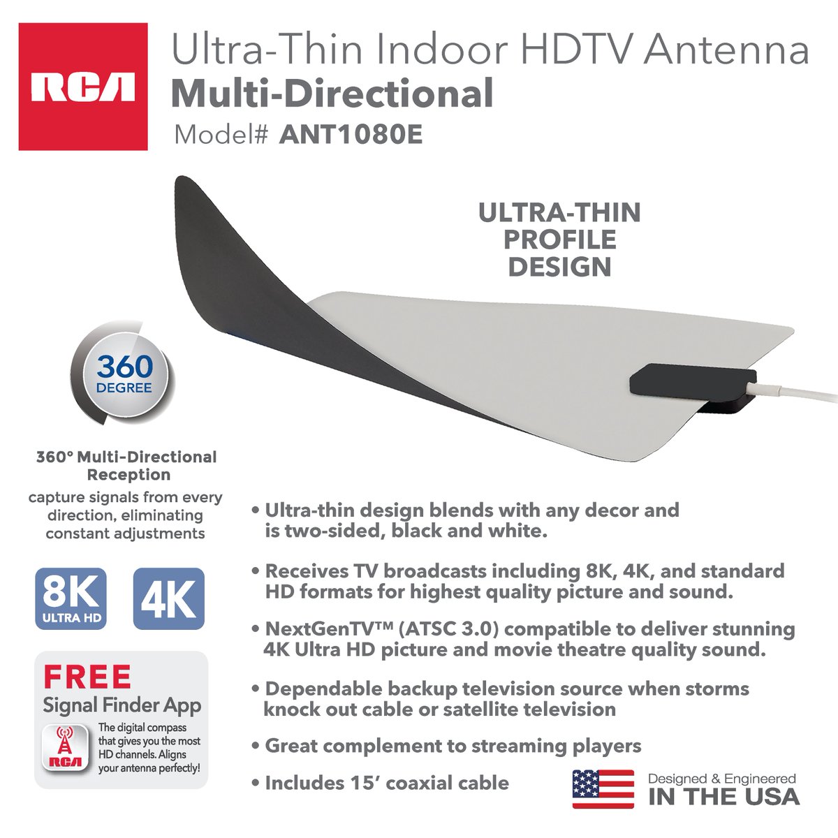 Say goodbye to cable bills and hello to free TV with the ANT1080E Ultra-Thin HDTV Antenna! Enjoy your favorite shows, local news, live sports, and weather updates with crystal-clear 4K and 8K picture quality* – all without monthly fees. Our 360° multi-directional design ensures