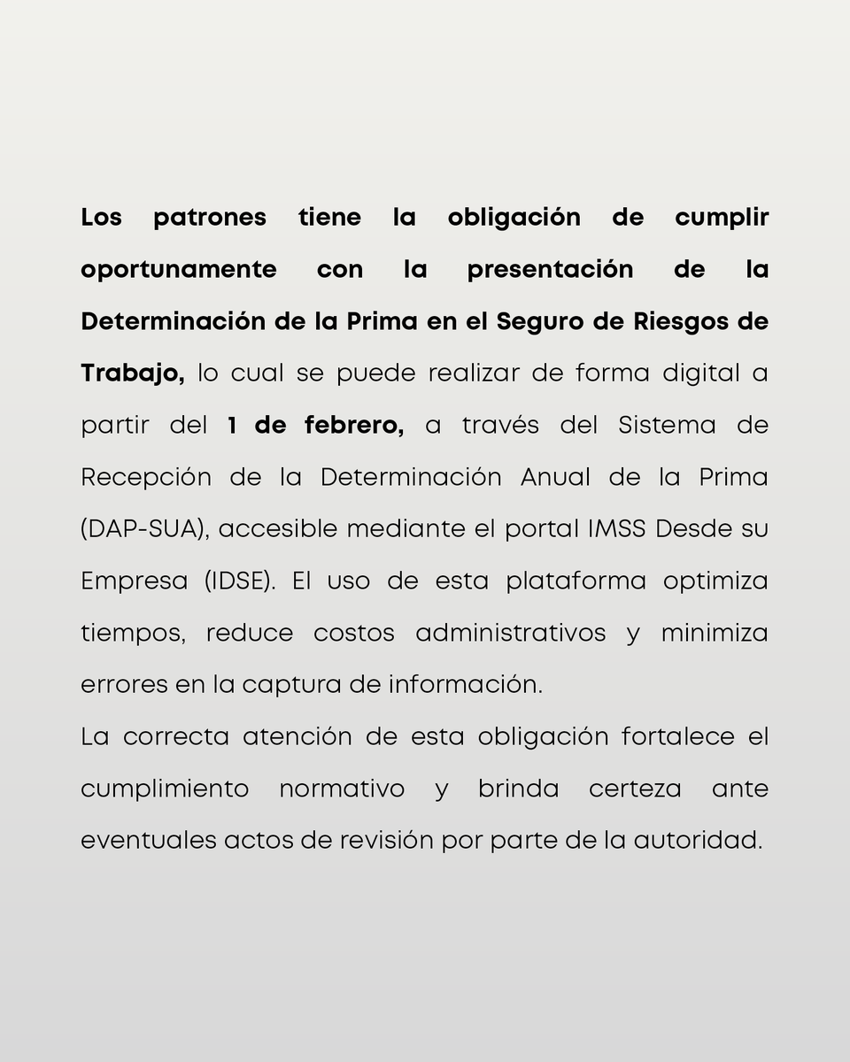 CASSabogados's tweet photo. 🏢 Patrones
Es momento de cumplir con la Determinación de la Prima en el Seguro de Riesgos de Trabajo ante el IMSS.
💻 El trámite se realiza 100% en línea mediante el DAP-SUA, disponible desde el 1 de febrero a través del portal IDSE.
✔️ Presentarlo en tiempo y forma fortalece el cumplimiento normativo, reduce riesgos administrativos y brinda certeza ante revisiones de la autoridad.
📅 La prima determinada será aplicable a partir del 1 de marzo, conforme a la normatividad vigente.