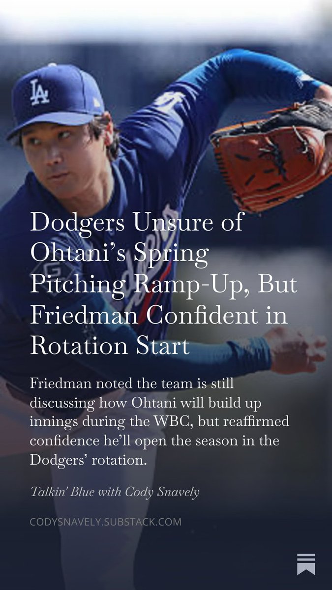 Andrew Friedman says the Dodgers are still figuring out Ohtani’s WBC pitching plan, but fully expect him to be in the rotation to start the year

READ: codysnavely.substack.com/p/dodgers-unsu…