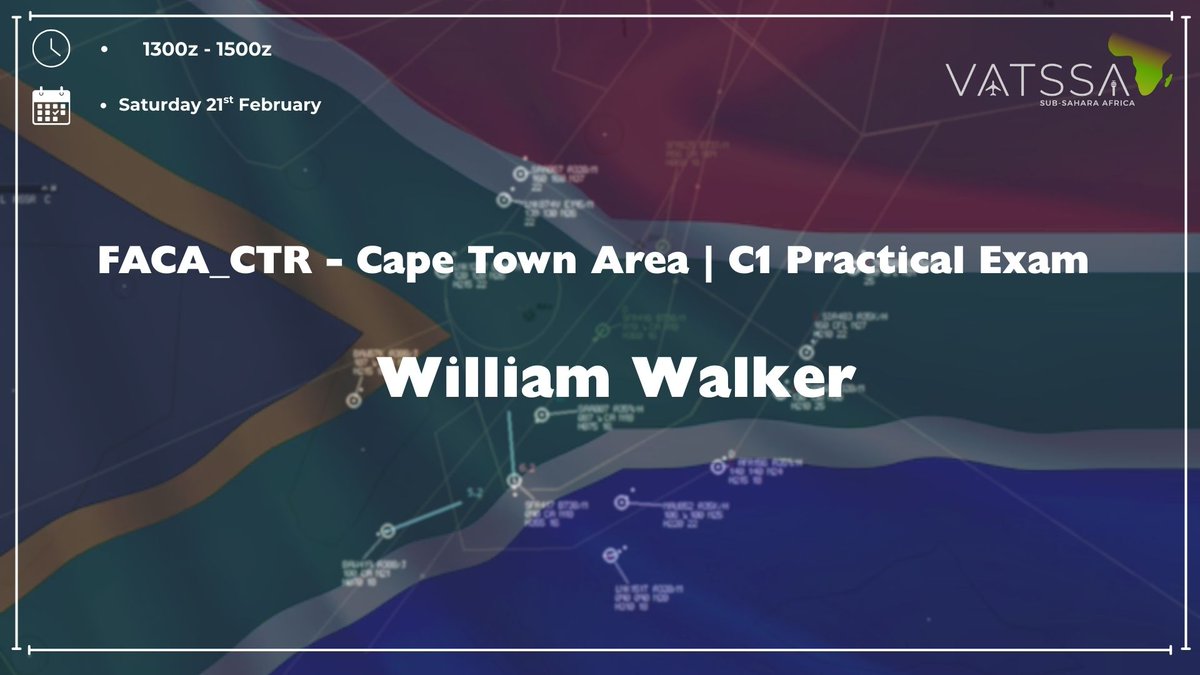 vatssacom's tweet photo. Join us to help Will complete his C1 exam on FACA_CTR! Will, will be controlling on Saturday, 21st February 1300z - 1500z, all IFR and VFR traffic will be welcome!

Good luck Will!
#vatsim #msfs2020 #msfs2024 #southafrica #flightsim #flightsimulator #xplane #msfs https://t.co/Y8D4ksWzsZ