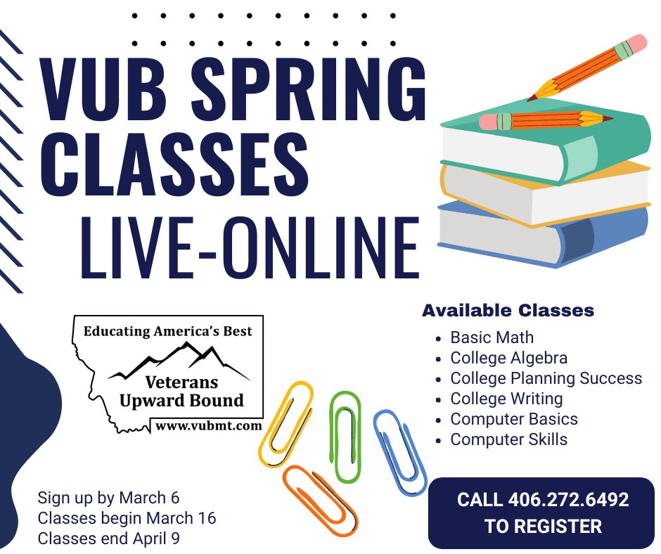 Veterans Upward Bound spring classes begin in March. Whether you are preparing for college, a trade program, or workforce development, our courses are designed to help you move forward with confidence. Register today to get started.