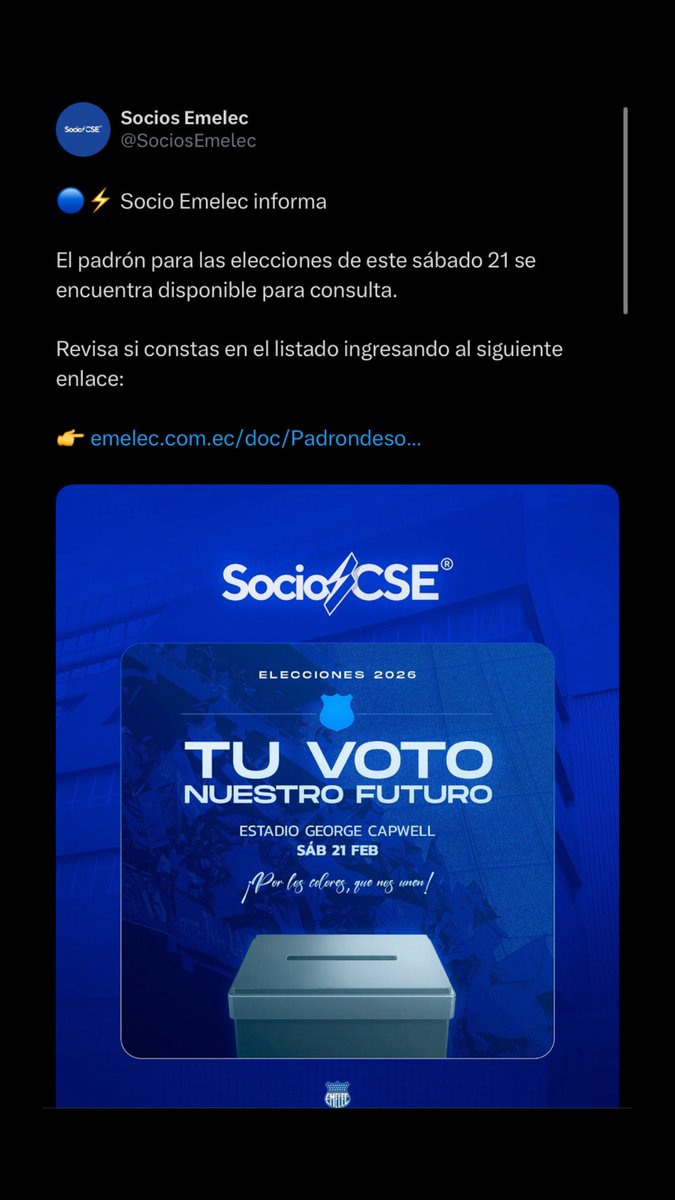 La única manera de llegar a los 420 votantes para que las elecciones de <a href="/CSEmelec/">Club Sport Emelec</a> sean válidas este sábado 21 de febrero, es que se comparta esta imagen en estados de WhatsApp, Facebook e Instagram. 

Aquí el link para revisar: emelec.com.ec/doc/Padrondeso… ⬅️