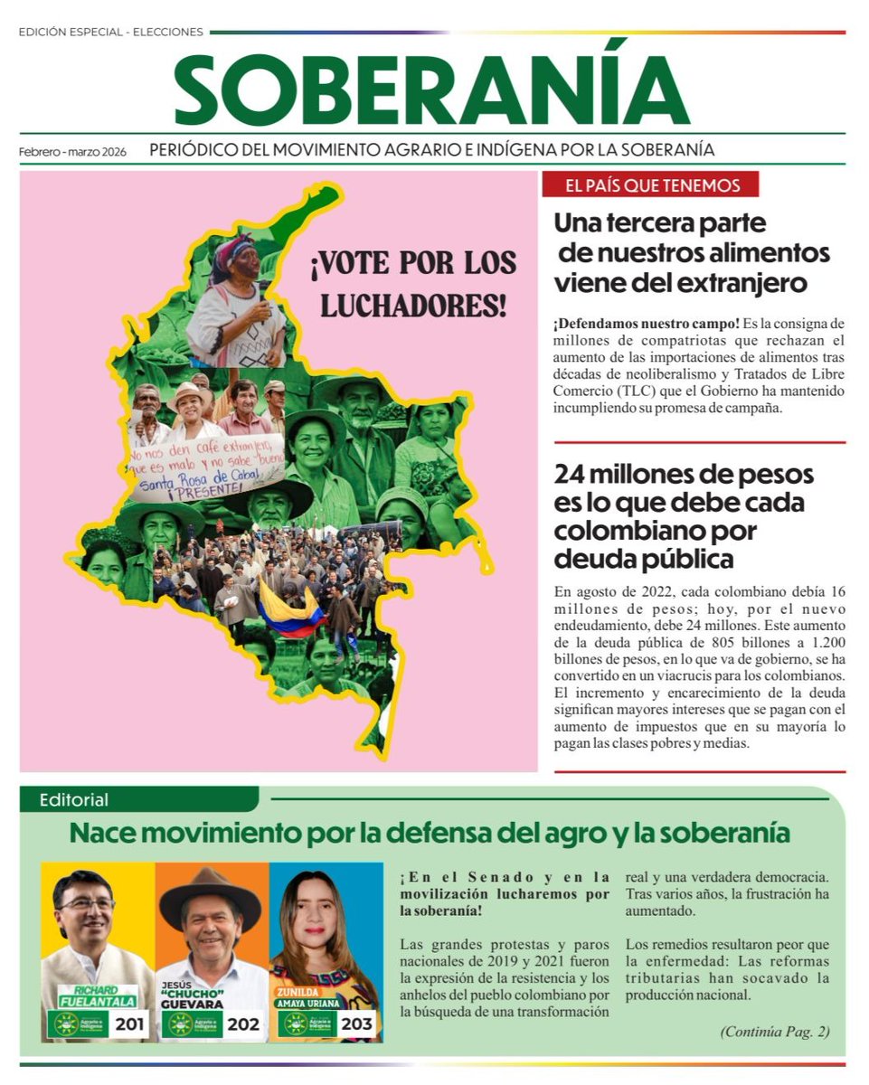 Soberania_Col's tweet photo. 🗞️🟢🟡 ¡Nace el Movimiento Agrario e Indígena por la Soberanía, liderado por un nariñense, un cafetero y una wayuú!

🇨🇴 Te contamos todo al respecto en la edición especial del Periódico SOBERANÍA sobre las elecciones legislativas de 2026. 🏛️

🔎 Léela en:
https://t.co/rV0uQrLBaa https://t.co/rmLrftp3aw