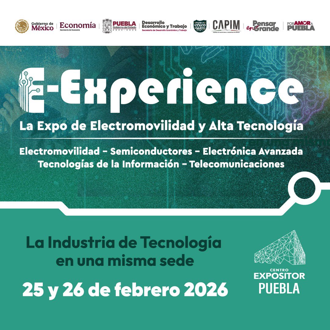 SedetraGobPue's tweet photo. Puebla abre sus puertas a la innovación. Te invitamos a participar en E-Experience 2026, encuentro clave para la electromovilidad y la alta tecnología.

Nos vemos el 25 y 26 de febrero en el Centro Expositor Puebla. Sumamos talento y oportunidades #PorAmorAPuebla #PensarEnGrande. https://t.co/os391PKaRT