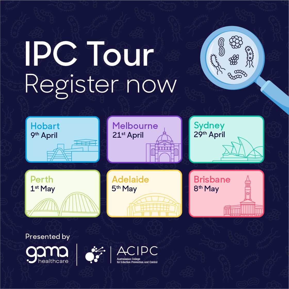 𝗝𝗼𝗶𝗻 𝘂𝘀 𝗳𝗼𝗿 𝗜𝗣𝗖 𝗧𝗼𝘂𝗿 𝟮𝟬𝟮𝟲,  a focused, in-person academic Infection Prevention workshop to a city near you! 

𝗣𝗹𝗮𝗰𝗲𝘀 𝗮𝗿𝗲 𝗹𝗶𝗺𝗶𝘁𝗲𝗱, 𝗿𝗲𝗴𝗶𝘀𝘁𝗲𝗿 𝗻𝗼𝘄: 👉 eventbrite.com.au/o/gama-healthc…

#InfectionPrevention #GAMAHealthcare #IPC #IPCTour2026