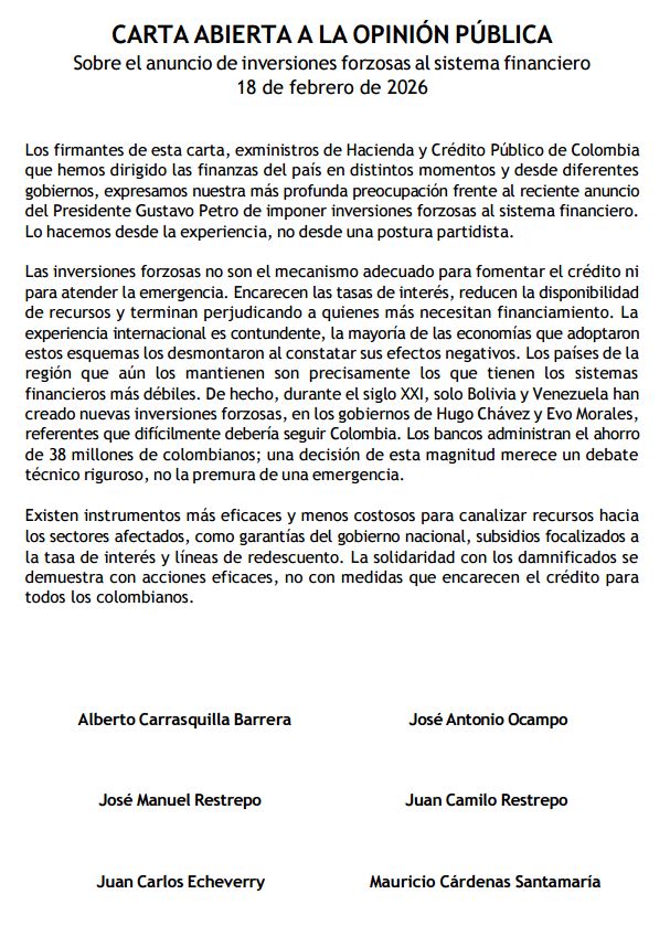 Los exministros de Hacienda coinciden:  la inversión forzosa es una pésima idea. Invito al Gobierno Nacional a diseñar, de la mano de la Superintendencia Financiera (<a href="/SFCsupervisor/">Superfinanciera</a>), alternativas viables para lo que los colombianos esperan de nosotros: soluciones para los