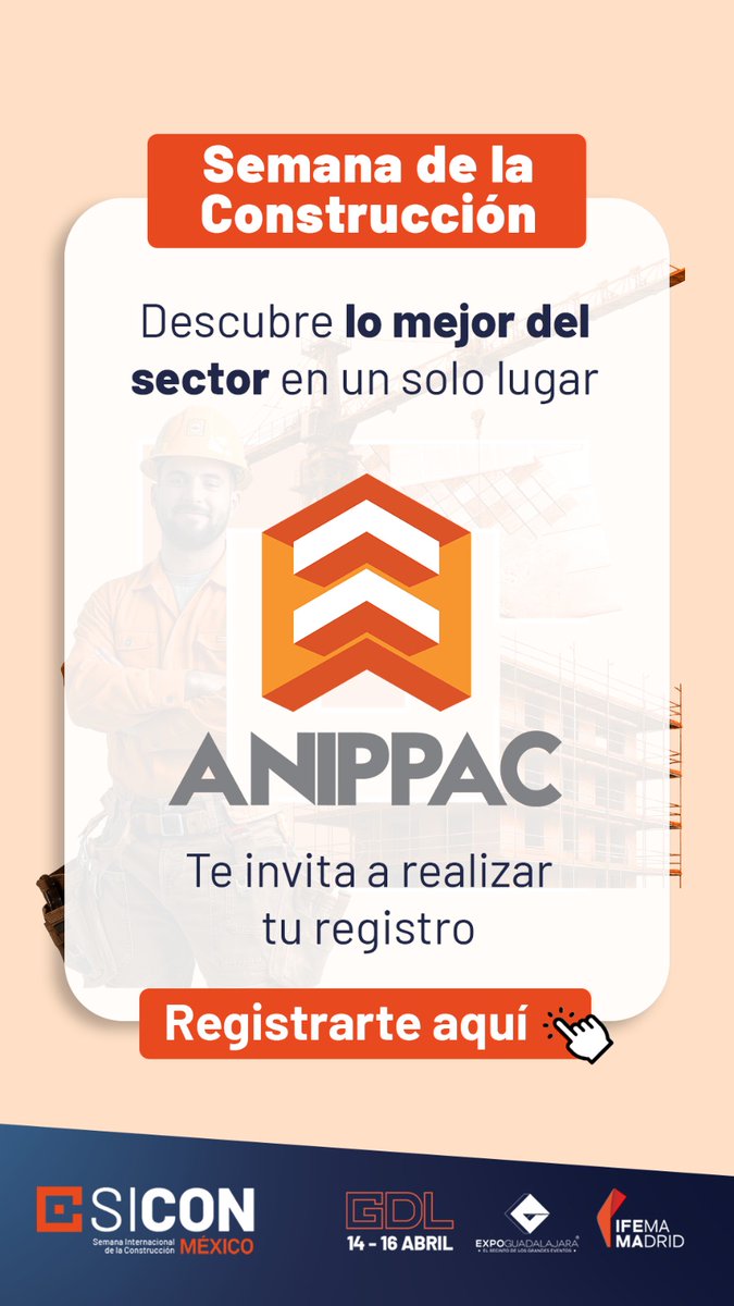 anippac's tweet photo. 🚧 ANIPPAC presente en la Semana Internacional de la Construcción 🚧

📍 Expo Guadalajara
📅 14 – 16 de abril

👉 Regístrate y acompáñanos en este gran encuentro del sector, https://t.co/Ggs5xsymtI https://t.co/ZpblP8AJDj