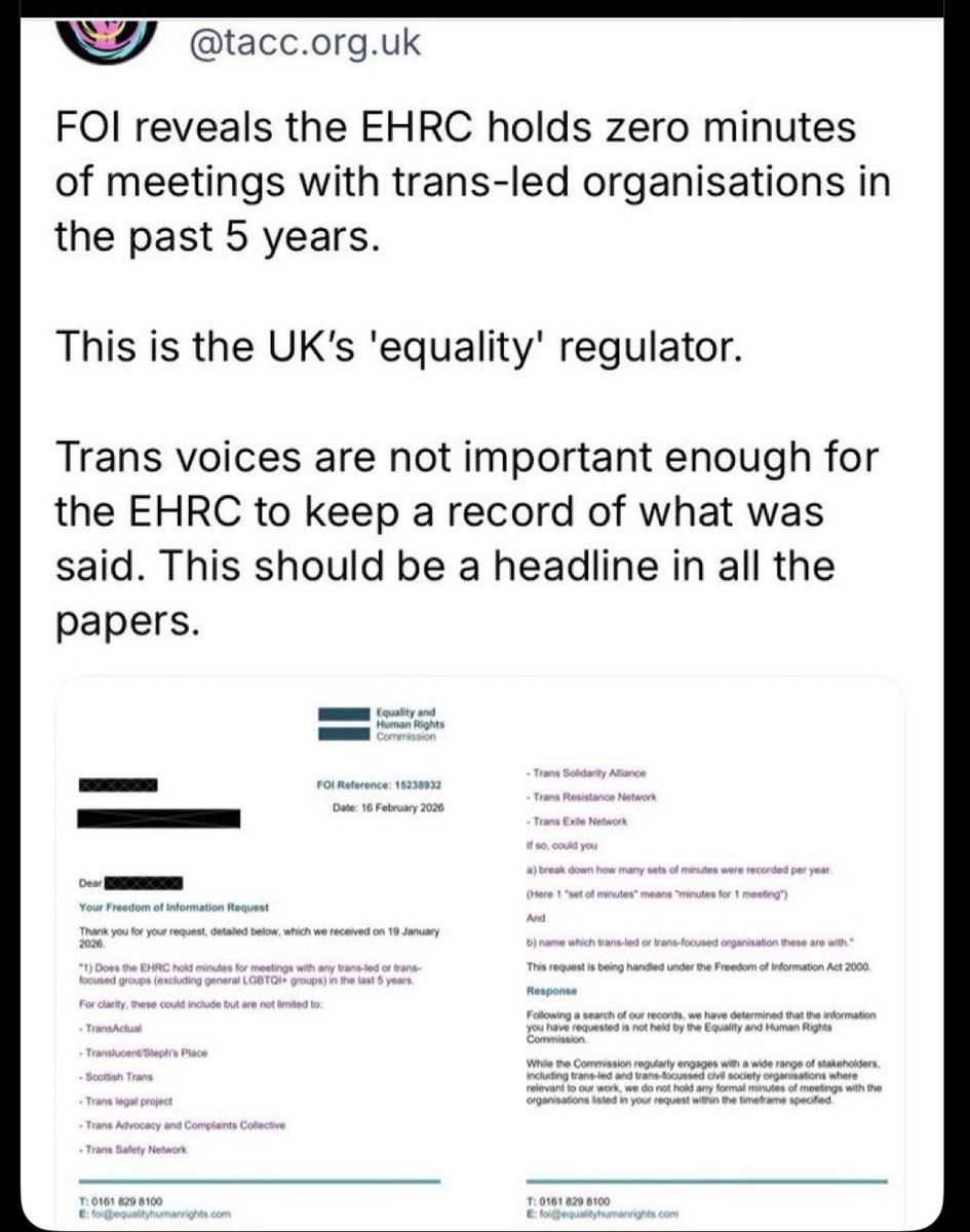 IndiaWilloughby's tweet photo. This is so corrupt. What has been going on at the hijacked @EHRC ? 

During the five years Kishwer Falkner waged war on our community, they didn’t keep any minutes? Really? Yet they held private talks and colluded with trans hate fronts Sex Matters and LGB Alliance? STINKS. And Kishwer briefed the UKSC. This is not JUSTICE. Is there anything you can do @EmilyThornberry @KateOsborneMP @RhonddaBryant ?
