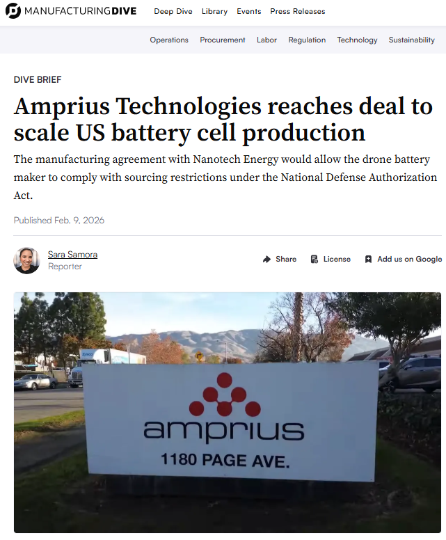 AmpriusInc's tweet photo. 📰 Amprius was featured in Manufacturing Dive!

The article highlights our role in strengthening the domestic #battery supply chain for #drones and how NDAA-compliant battery sourcing is becoming a critical priority.

Read more below:
https://t.co/Da5vQxu6BA

$AMPX #tech https://t.co/87cBsQFPtr
