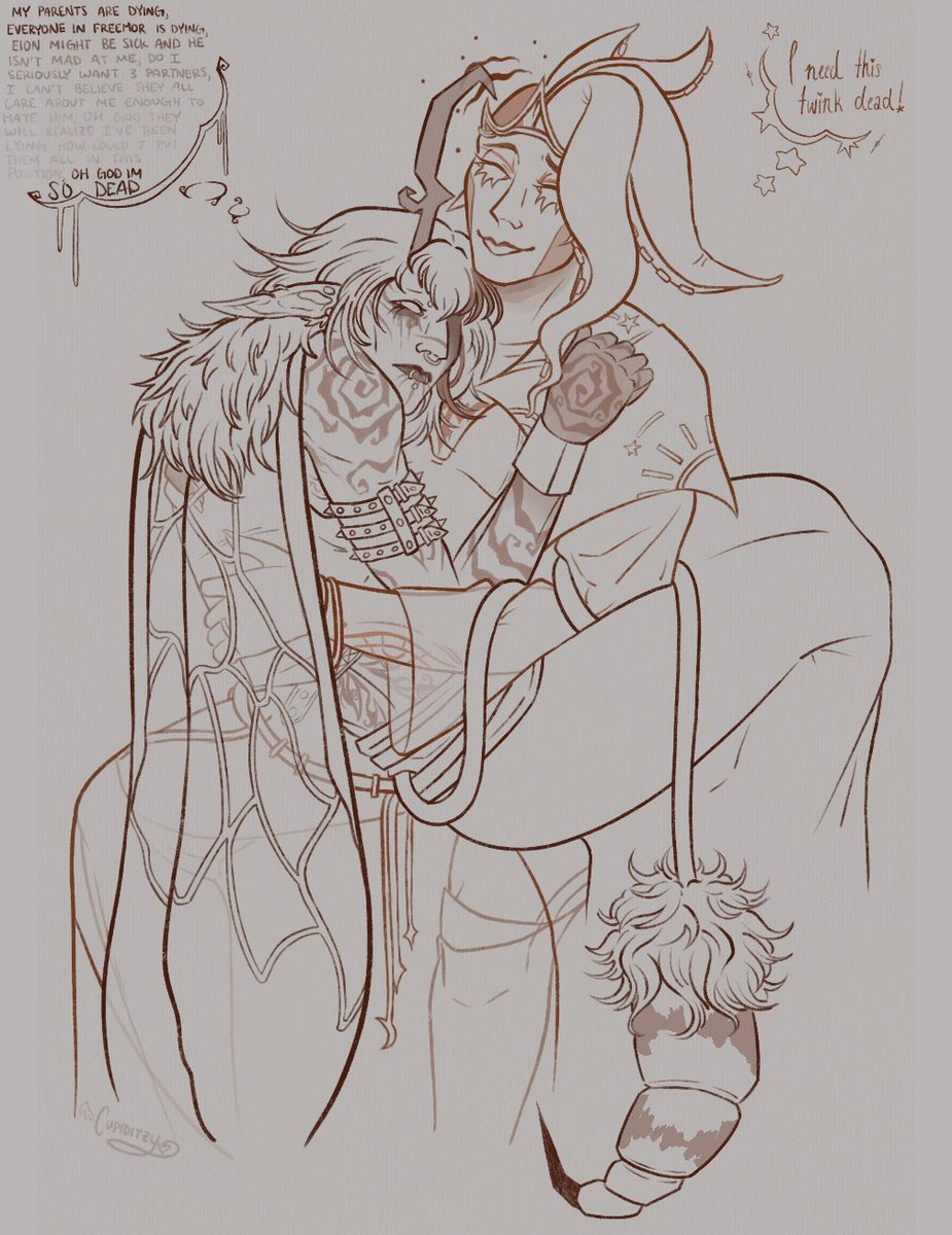 sketch of me and <a href="/Valkysia/">Valk !🔆</a>’s spelljammer characters tht i forgot to post <3 
del (right) belongs to valk …
the girls r everything to me