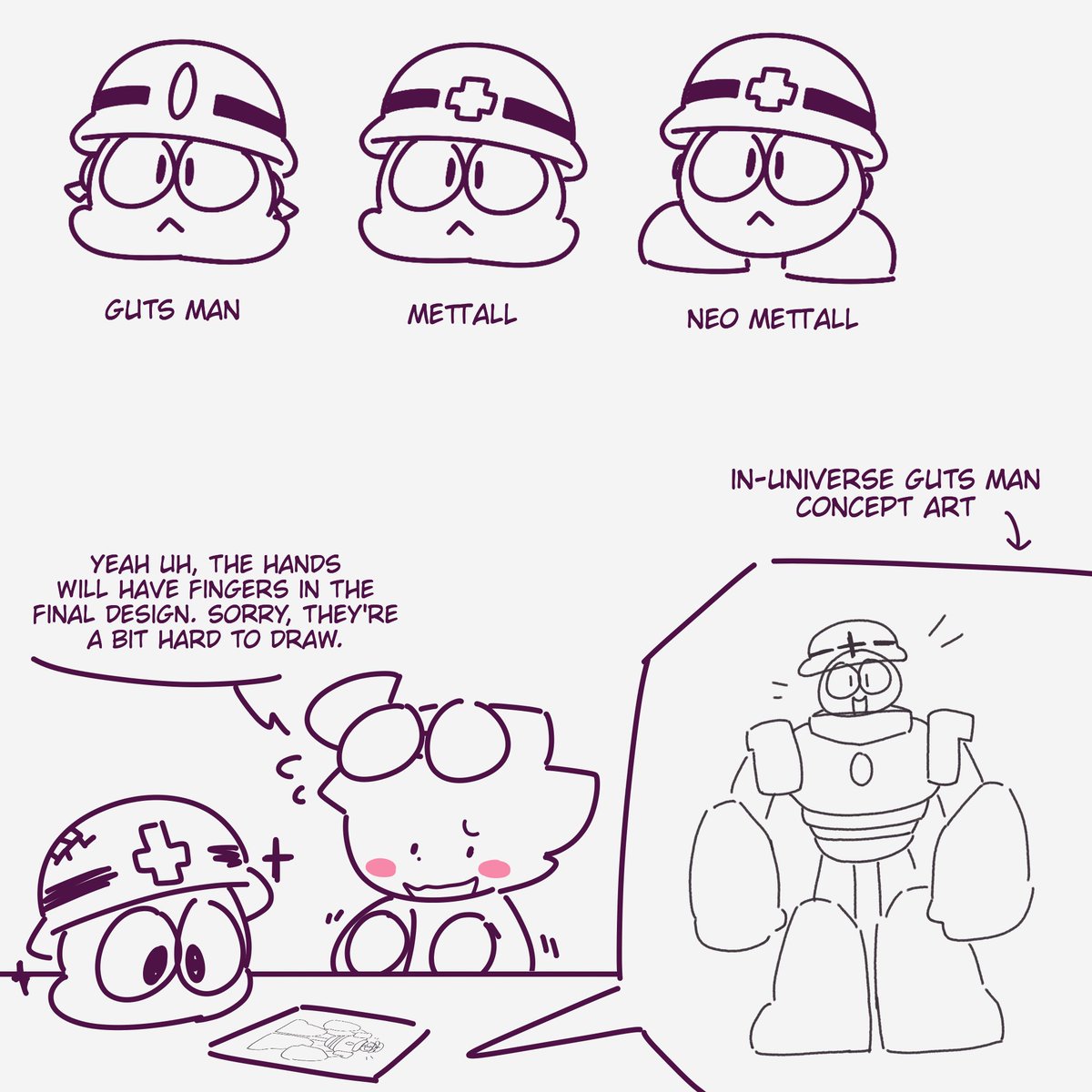 thatnerdyrobo's tweet photo. Drawing is hard today so it's just quick doodles. Light Labs Guts Man is just a mett with a fancy hat and a mech suit https://t.co/PagdHkQ39w