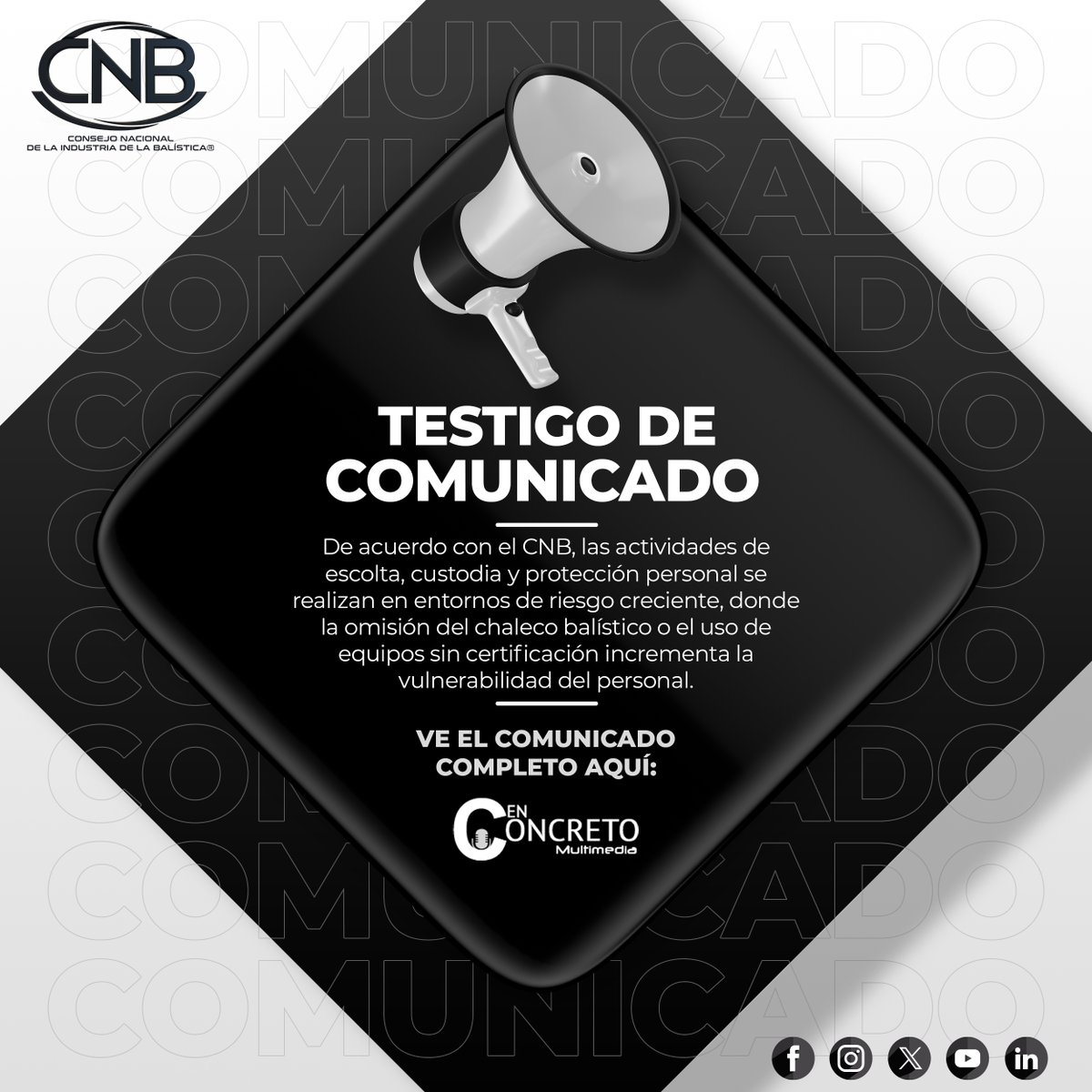 🚨El Consejo Nacional de la Industria de la Balística (CNB) señaló que el blindaje corporal debería considerarse parte obligatoria del equipamiento del personal armado y no un elemento opcional.

Infórmate, comparte y evita riesgos.
📲 Comunicado aquí: 
n9.cl/l6rvl