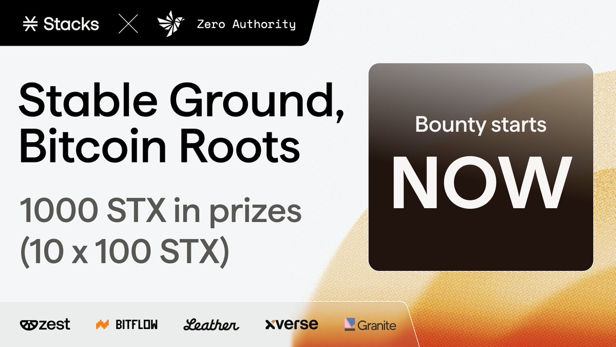 Stacks's tweet photo. Let's do this.

We're launching a 1,000 STX bounty on
@zeroauthdao. 10 winners, 100 STX each.

The task: Spread the word about our upcoming USDCx campaign with up to $10k in STX prizes. https://t.co/muG6G0jnRG