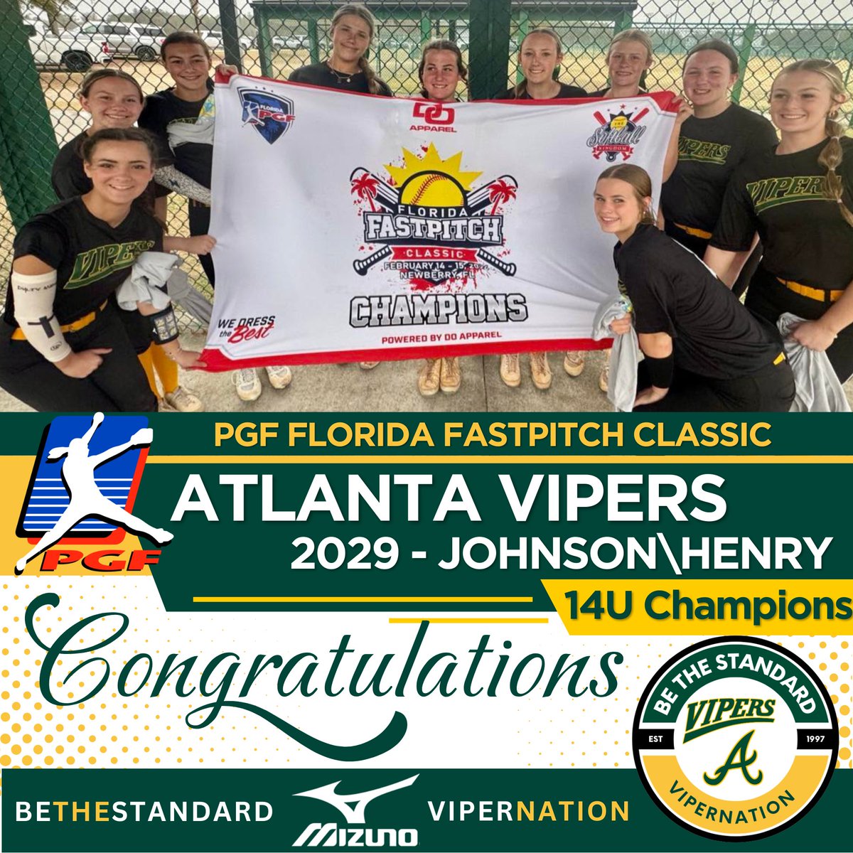 thevipernation's tweet photo. A dominant debut for Atlanta Vipers Johnson/Henry! 🐍

In their 1st event in the green &amp; gold, the team went undefeated to capture the 14U PGF Fastpitch Classic gold bracket title. Way to go team!

#BeTheStandard  @PGFnetwork_ @ExtraInningSB @LineDsoftball @VipersJ_H2011 https://t.co/TuZ1D5enMx