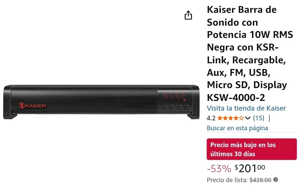 Amazon: Kaiser Barra de Sonido con Potencia 10W - $201

amzn.to/46dtxyg

Vendida y enviada por Amazon México.