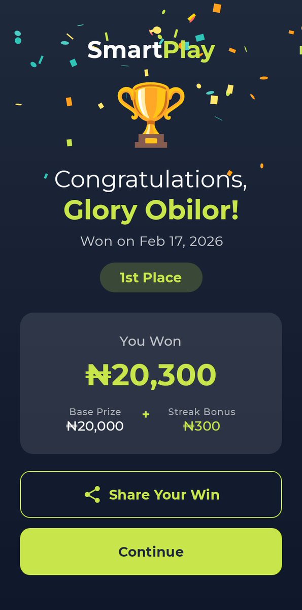 I just won 1st place on SmartPlay! 🏆
Download: play.google.com/store/apps/det…