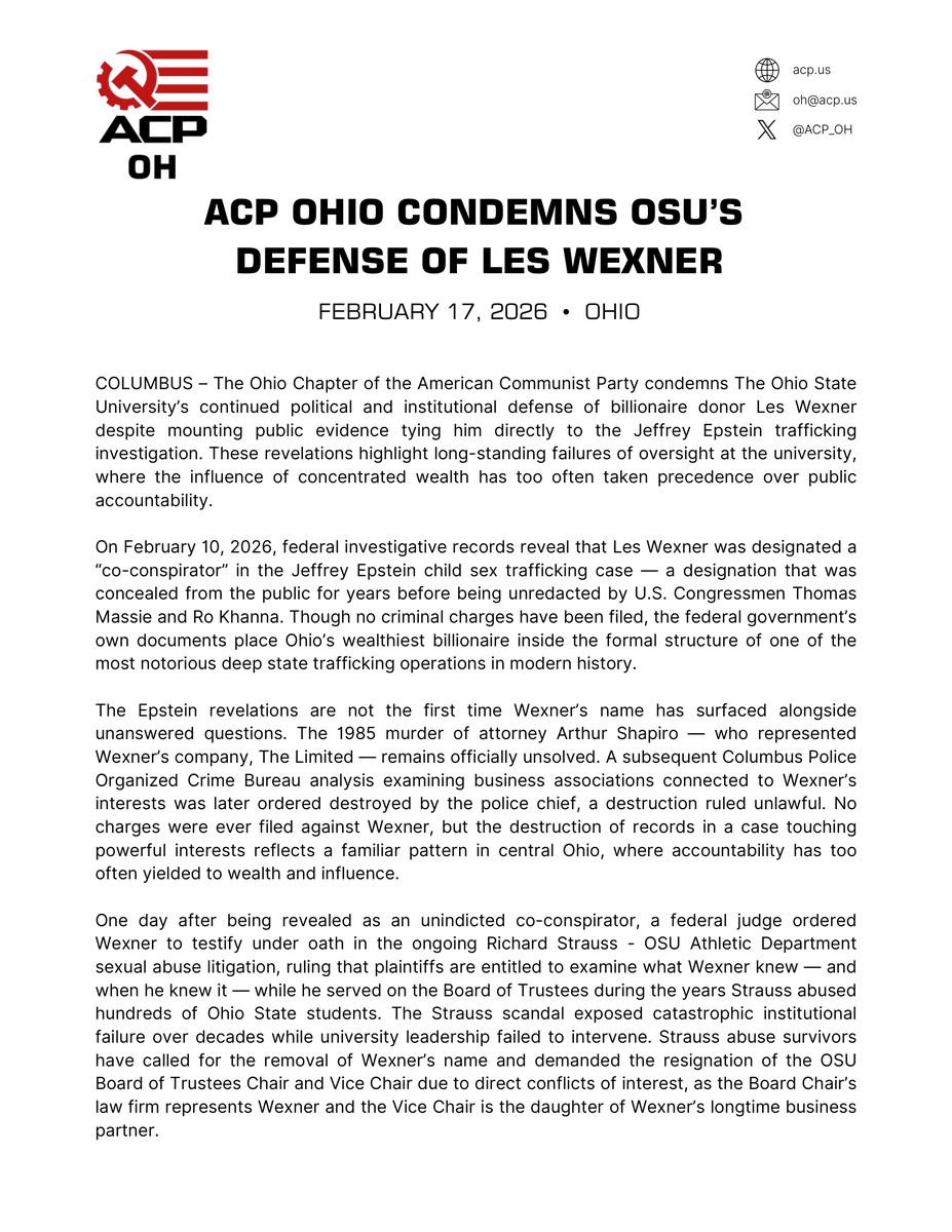 ACP_OH's tweet photo. Public universities must represent the interests of the people they serve—not the private interests of billionaire donors. We condemn The Ohio State University's continued defense of Les Wexner. https://t.co/j05fvvf3zD