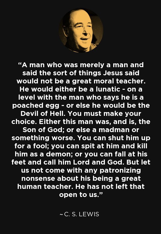 <a href="/elonmusk/">Elon Musk</a> <a href="/creation247/">𝐓𝐡𝐞 𝐀𝐫𝐭 𝐨𝐟 𝐏𝐮𝐫𝐩𝐨𝐬𝐞 🇺🇸</a> The teachings of Jesus are an excellent place to begin, but how do you understand Jesus’ claims to be God?

<a href="/elonmusk/">Elon Musk</a>, how do you solve CS Lewis’ trilemma?