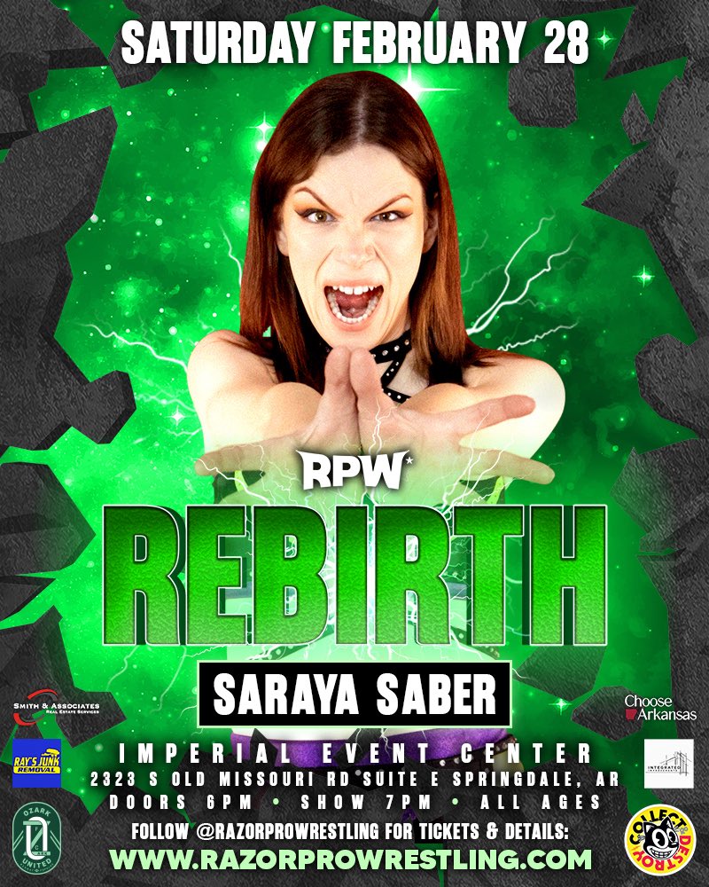Saraya Saber is Cut From A Different Cloth.

Saturday, February 28th

Imperial Event Center
Springdale, AR 72764

Mark your calendars, bring your friends, and see you there! 🗓️

Follow razorprowrestling.com for tickets + details 🎟️

#razorprowrestling #rpw #prowrestling