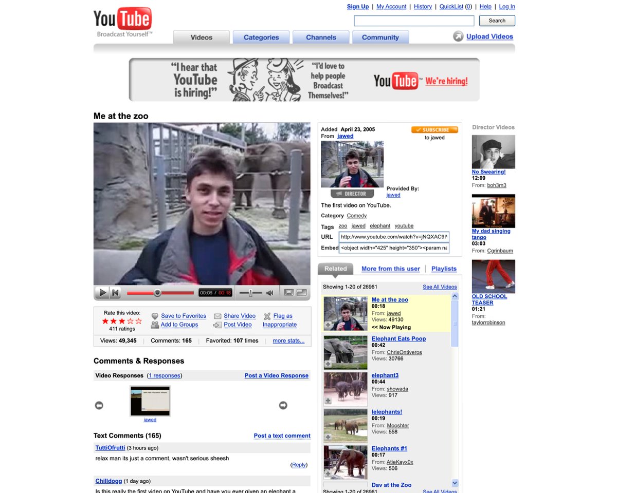 From a 19-second clip at the zoo to the <a href="/V_and_A/">V&A</a> 🖼️

The Victoria and Albert Museum’s latest acquisition is a reconstruction of an early YouTube watch page, featuring the first video ever uploaded to the site, Jawed Karim's ‘Me at the zoo’. 

Restoring the underlying code and