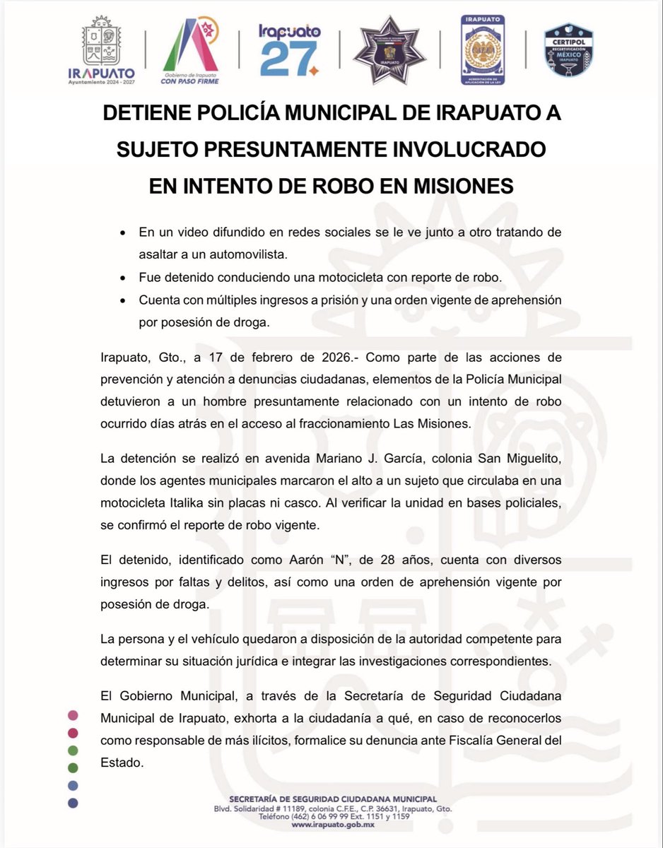 segpublicaira's tweet photo. #SSCMInforma 🚓 La Policía Municipal de Irapuato detuvo a un hombre presuntamente vinculado a un intento de robo en Las Misiones.
Conducía una Italika con reporte de robo y cuenta con orden vigente por posesión de droga.
Quedó a disposición de la autoridad competente. https://t.co/lArdhMAjGP