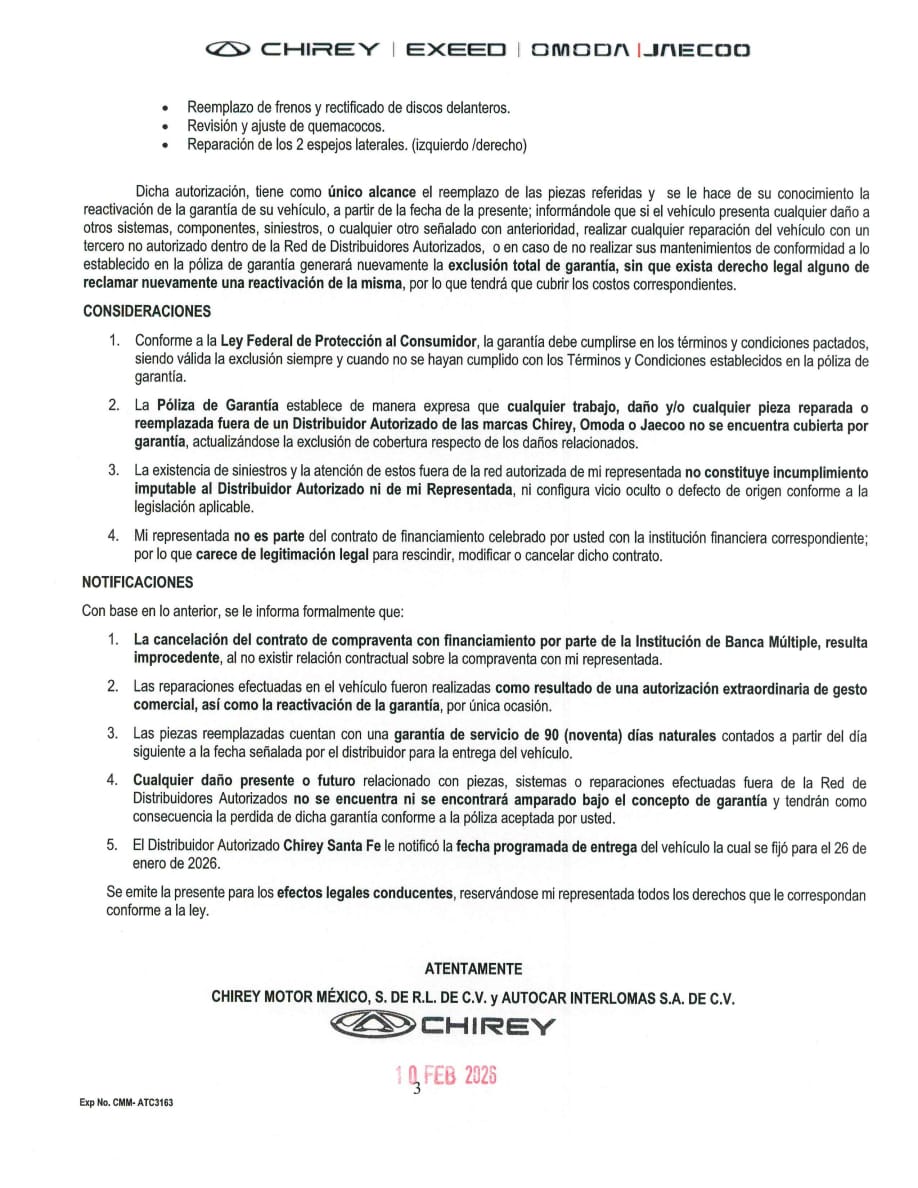 Res82599611's tweet photo. @ChireyMexico , cuando se había visto una carta sin saber quién la dirige, esto es una burla como se aprecia del cuerpo de la carta estaba programada la entrega el día 26 de enero y se notifica en electrónico en febrero y en fisico el día de hoy, cuando yo les peticione la Rescisión desde septiembre del 2025, y se hagan pendejos y de eso no se pronuncian cuando es mi derecho de acuerdo con él contrato que firmamos. NO COMPREN POR FAVOR NI UN SOLO VEHÍCULO DE LA MARCA CHIREY!!!