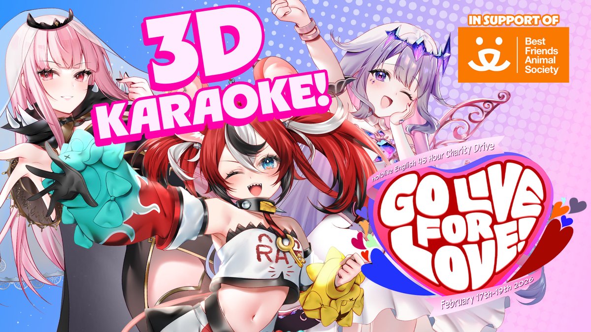 even MORE singing in 3D...for the animals!! >B}
with <a href="/kosekibijou/">Koseki Bijou🗿holoEN</a> and <a href="/hakosbaelz/">Hakos Baelz🎲holoEN</a> 

@ 12:00 JST / 7pm PST

【Archived 3D Karaoke】
youtube.com/live/38ce5A5f9…

【3D Karaoke UNARCHIVED】from 13:00 !
youtube.com/live/nmvl0uZpR…

#GOLIVEforLOVE