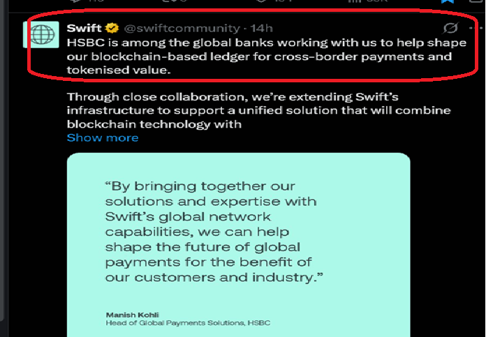 bingo_smalls's tweet photo. @CryptoBull2020 "#HSBC is among the global banks working with #SWIFT to help shape our blockchain-based ledger for #CBP cross-border payments and #tokenised value."
Not #Ripple $XRP ❌
https://t.co/Zm2Uql6BCe https://t.co/xc9RB2YbOP
