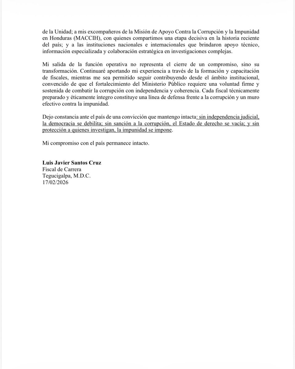 Expreso mi más sincero agradecimiento a los equipos fiscales y a todas las personas que, durante nuestra gestión como Fiscal Jefe de la UFERCO, depositaron su confianza en nuestro trabajo. “… Ninguna investigación seria es cómoda; ninguna causa justa está libre de presiones, y