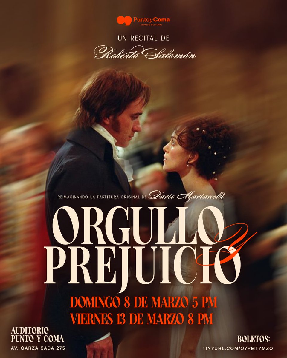 ¡Disfruta de la música de ORGULLO Y PREJUICIO (2005) en VIVO!
El pianista y compositor @robertosalomonmusic nos trae la maravillosa música de Dario Marianelli compuesta para la adaptación de la clásica novela de Jane Austen.
🎟️ Boletos $300 : tinyurl.com/OYPMTYMZO