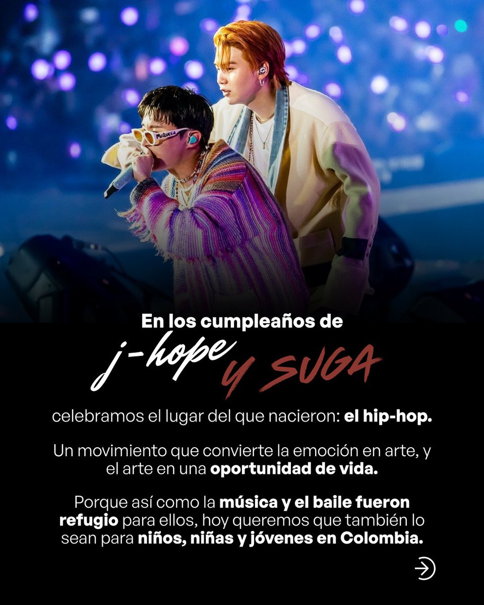 btsarmycol_'s tweet photo. 💜🎤📝 PROYECTO OFICIAL | RITMO & RAÍZ: El arte que transforma

En los cumpleaños de j-hope y SUGA celebramos el lugar del que nacieron: el hip-hop.

Ese mismo arte que fue refugio para ellos, hoy puede convertirse en una oportunidad para niños, niñas y jóvenes en Colombia. 🇨🇴

Te contamos cómo ser parte 👇
#RitmoYRaíz