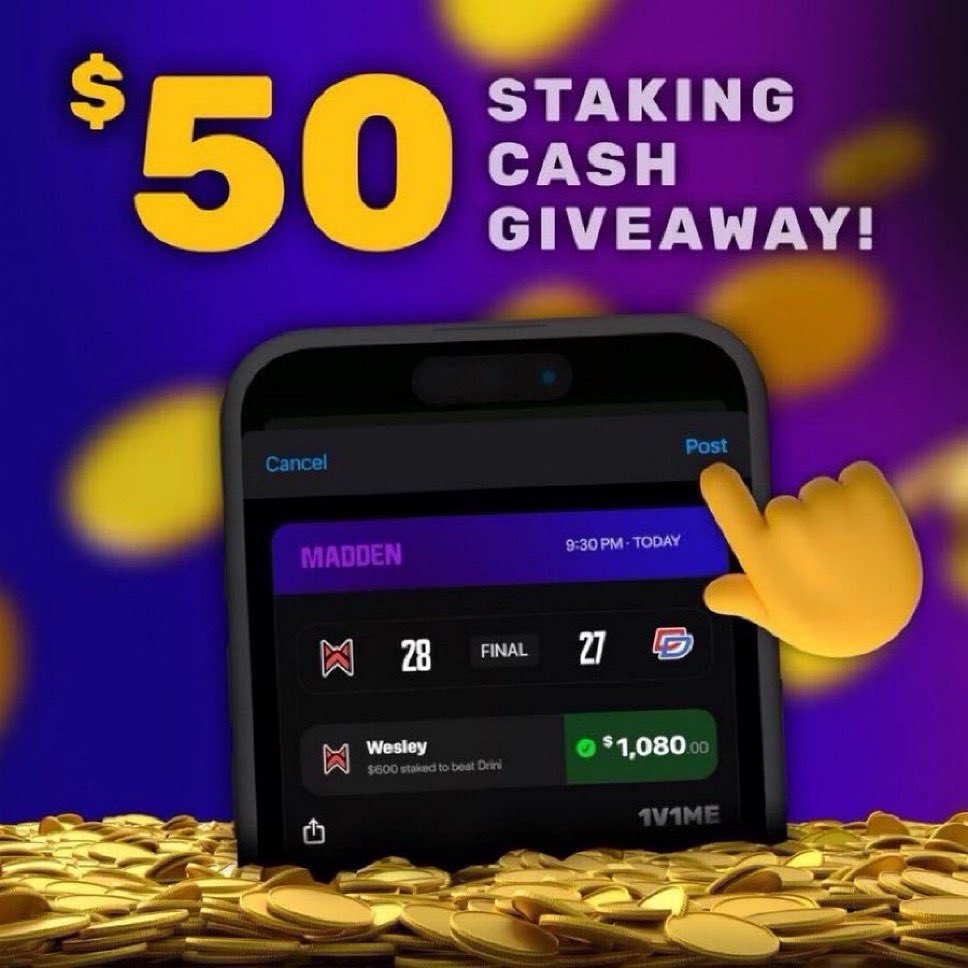 STAKING CASH GIVEAWAY 🤑

We will put $50 in someone’s account who..

👤 Follows <a href="/1v1Me/">1v1Me</a> 
❤️ Likes this post
🔁 Retweets

Winner will be picked in one week. Good luck!