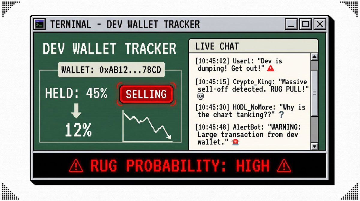P0Systems's tweet image. p0 Terminal tracks dev wallets in real time.

See exactly how much supply they hold, if they're selling, and when to exit.

Live token chat means warnings spread fast. One degen spots the dump, everyone knows.

Rug detection isn't a feature. It's the default.