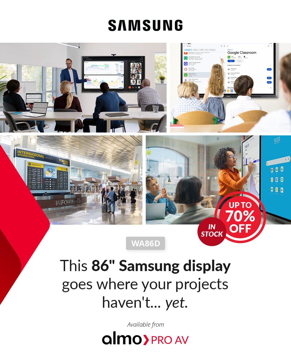 AlmoProAV's tweet image. HUGE DEAL!
SAMSUNG's 86" interactive display is up to 70%+ Off and In Stock. Not just for meetings...built for customer‑facing installs you haven’t pitched yet.

Limited supply. Claim units now. 👉 almoproav.com/productdetails…

#Displays #ProAV
