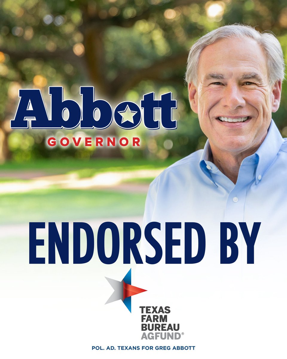 GovHotWheels_TX's tweet photo. Texas runs on Ag.

Governor @GregAbbott_TX is ENDORSED by the Texas Farm Bureau. 

Together, we can ensure that Texas farms and ranches continue to feed, fuel, and clothe the nation. https://t.co/Dkda4VsW2I