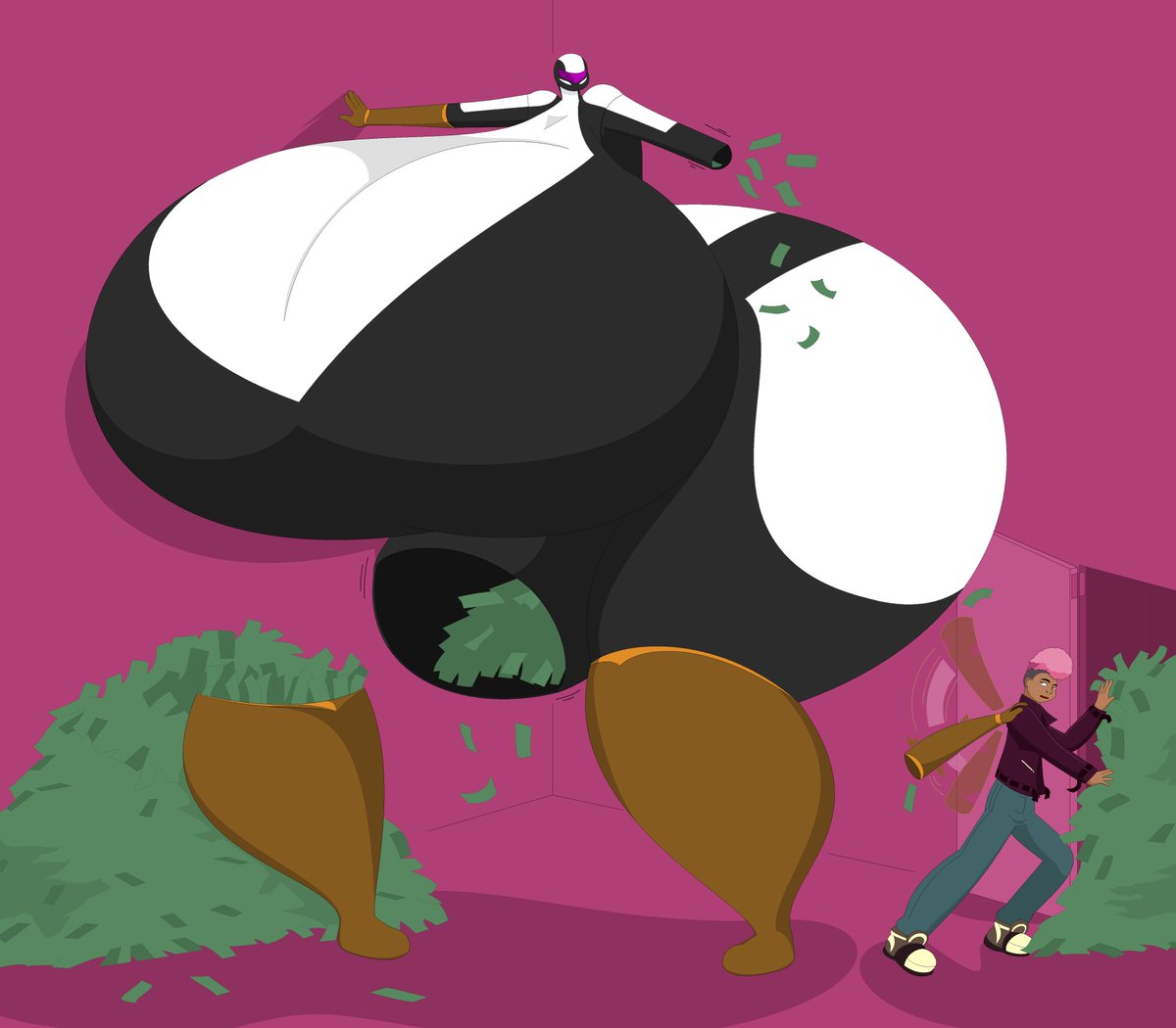 Fade just pulled off a heist and went the one place she could think of to unload all the cash. It just keeps pouring out!

Dennis is taking these things in stride as usual.

A comm for mr-undisclosed on dA.