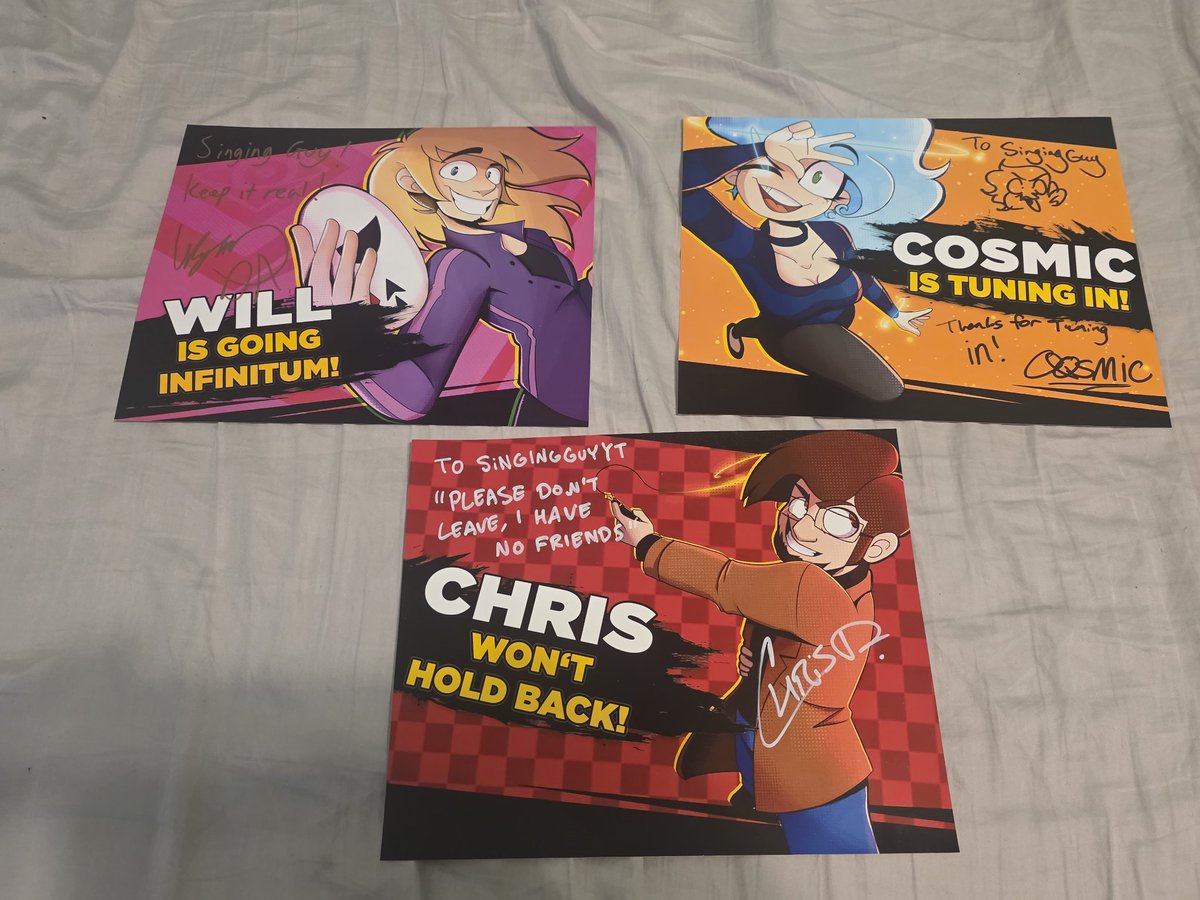 SingingGuyYT's tweet photo. I finally got all of my posters and extras from the Streamily stream except for the DARadio poster but hopefully be able to get that soon. Im very excited for what yall have to bring for 2026 💜
@AficionadoChris @DAGamesOfficial @CosmicKeyframe 
#DAGames https://t.co/yt4nNupdkK
