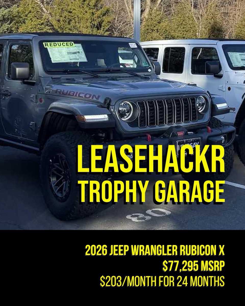 leasehackr's tweet photo. 🏆 Congrats djrabbi — Trophy Garage winner!

Wrangler Rubicon X
$203/mo | $203 DAS | $77K MSRP

How? FCA Affiliate + TDM + Loyalty + 75% residual on old MSRP = unicorn lease

More hacks → https://t.co/F67L3BQEga https://t.co/VQyfSkLGAl