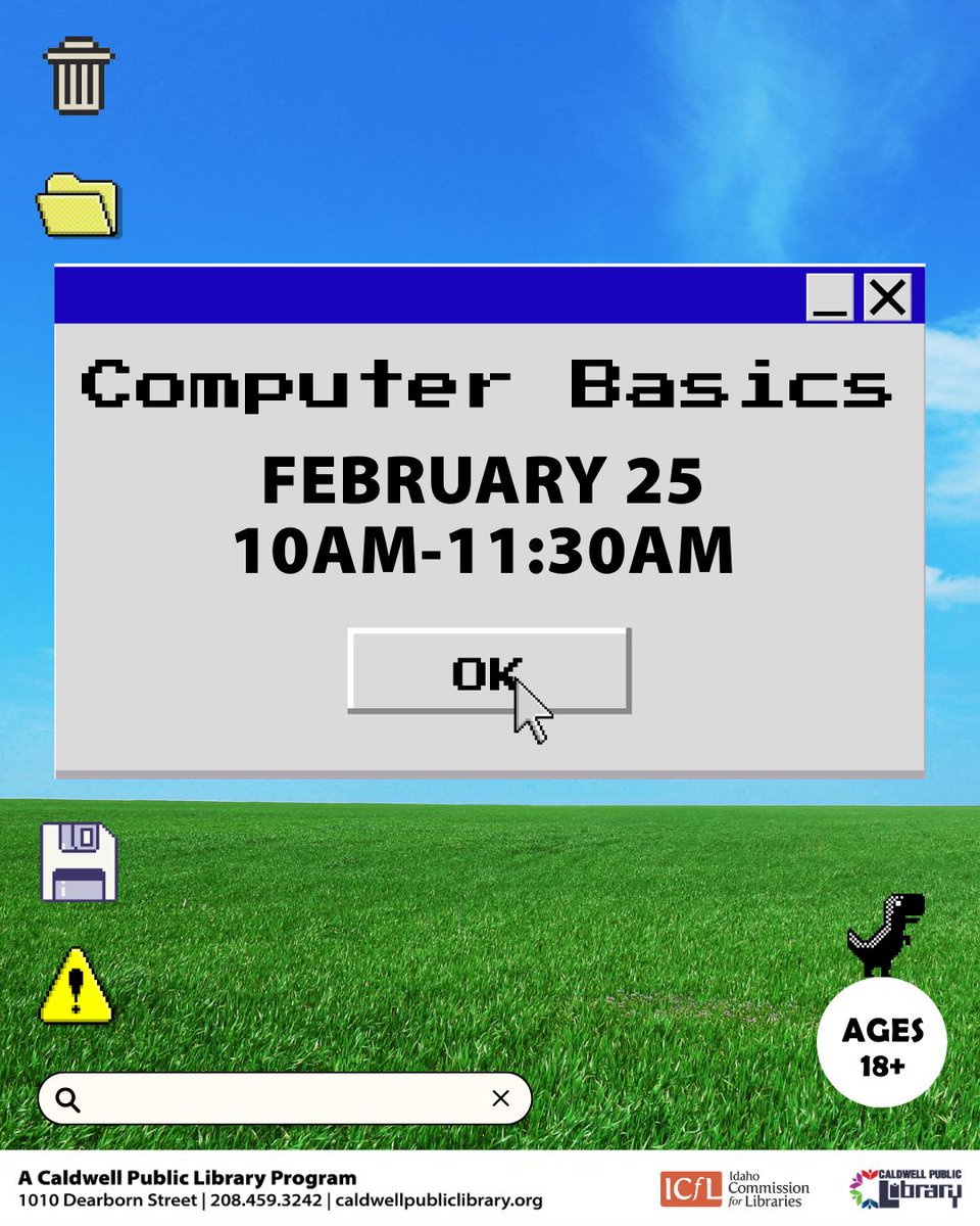 CaldwellLibrary's tweet photo. 💻Computer basics: get started by learning how to navigate your computer! Access common applications including word processors and web browsers 🌐 This class is supported by the Idaho Commission for Libraries. For ages 18+

📅February 25
🕙10-11:30am
📍Library Idaho Room https://t.co/DOGXZnhLZn
