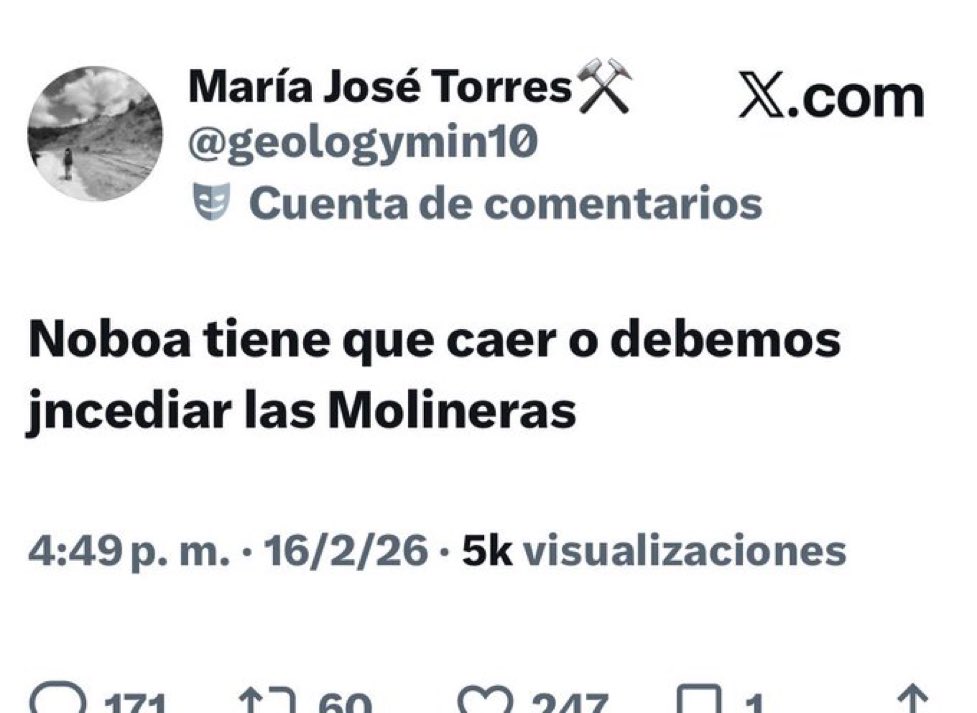 Señor <a href="/JohnReimberg/">John Reimberg</a> 
<a href="/PoliciaEcuador/">Policía Ecuador</a> 
<a href="/FFAAECUADOR/">Fuerzas Armadas del Ecuador</a> 
Es el que amenaza con incendiar las molineras. 
Utiliza perfil falso, es correista pagado para sembrar el caos. 
OJO!!