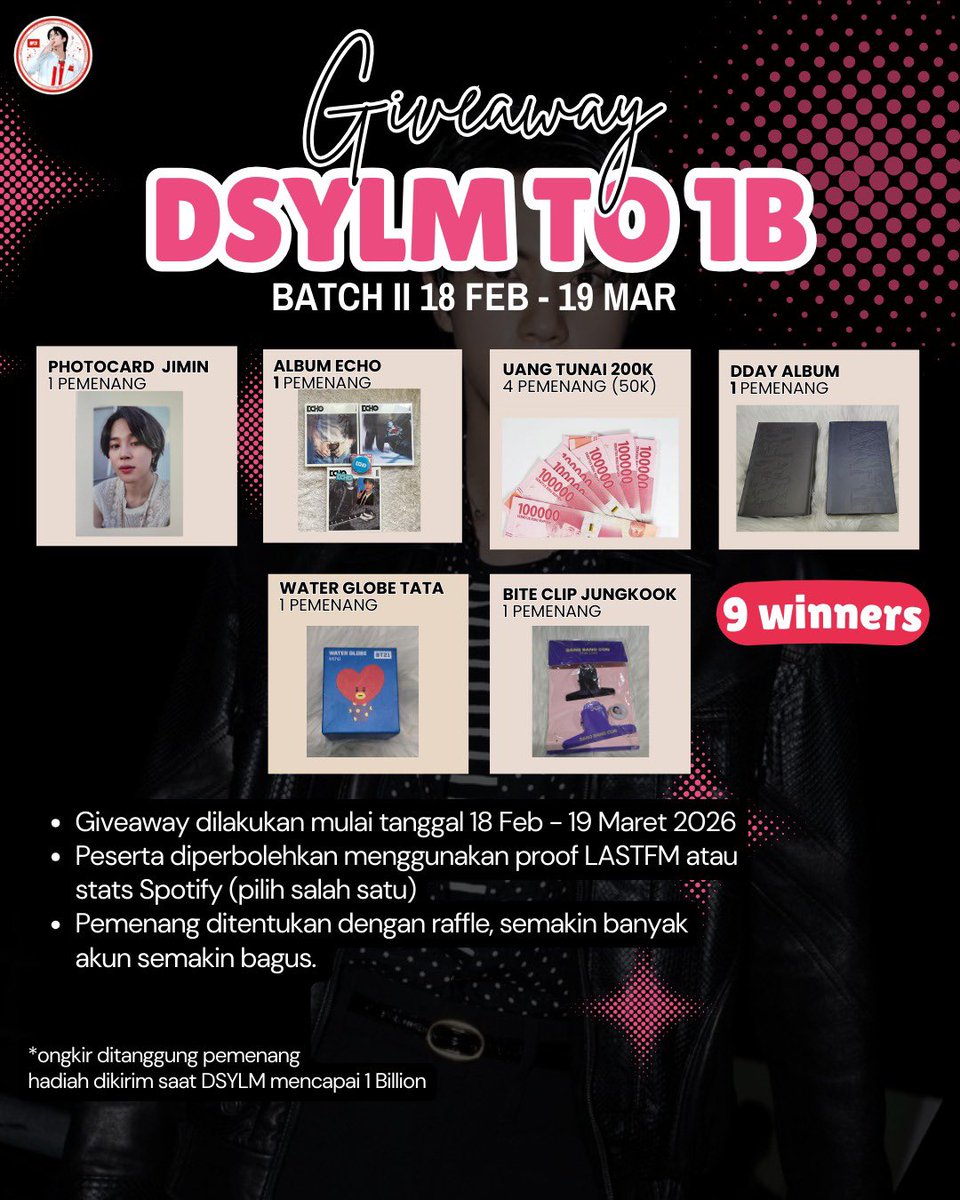 ❄ GIVEAWAY DSYLM 1B BATCH 2 (18 Feb 26 - 19 Mar 26) ❄

🔴 RULES 🔴

* RT &amp; Like postingan ini
* tag 3 moots 
* cantumkan hastag #DSYLMto1B
* drop kepala thread (baru) di kolom komen
* cantumkan link lastfm dan screenshoot total streaming DSYLM harian
* screenshoot statspo