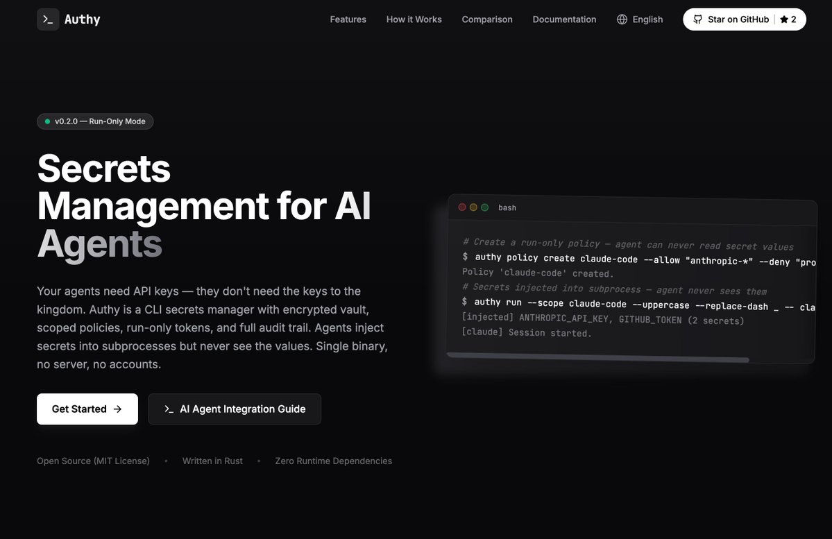 Authy 0.2 发布，增加了run-only模式，完全避免agent在使用时接触任意的secret。相应的skills已发布至skills.sh和clawhub